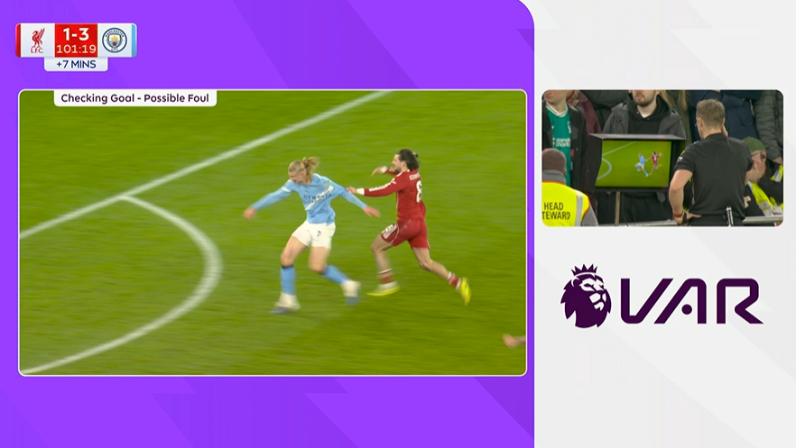 Szoboszlai tuyệt vọng kéo Haaland lại trong lúc bóng đi về phía cầu môn bỏ trống của Liverpool