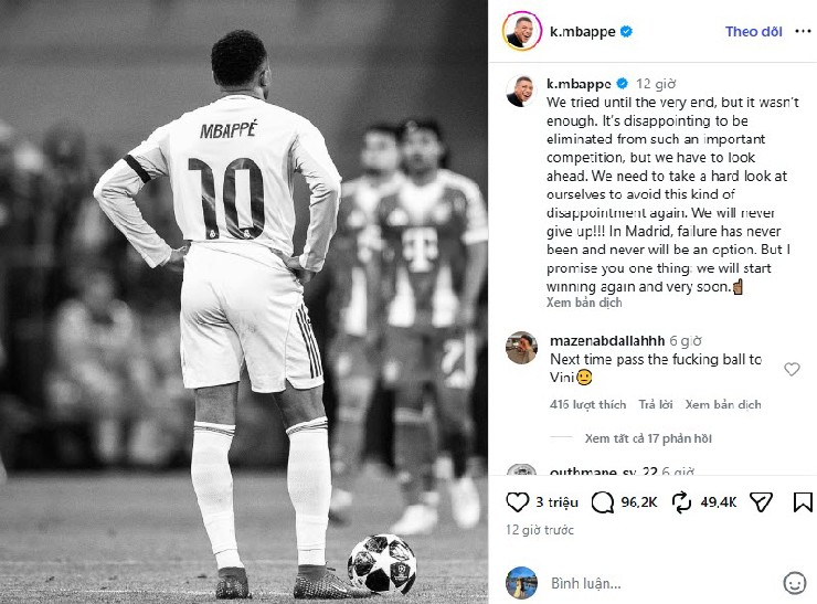 Mbappe đã đăng tải thông điệp đầy cảm xúc
