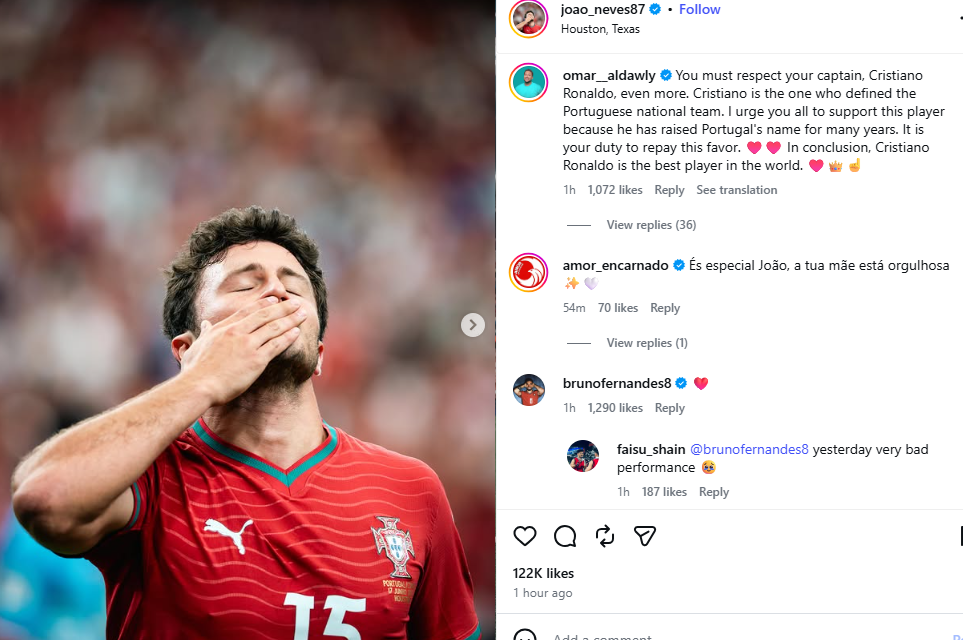 Instagram của Joao Neves, đi kèm bình luận yêu cầu Neves "tôn trọng đội trưởng Ronaldo"