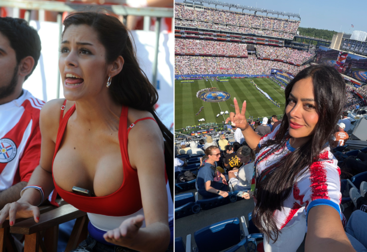 Larissa Riquelme hiện tại (bên phải) và bức ảnh gây sốt World Cup cách đây 16 năm (bên trái)