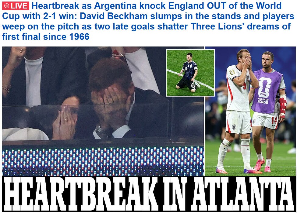 Tờ Daily Mail nói về sự đau khổ khi Anh thua ngược Argentina